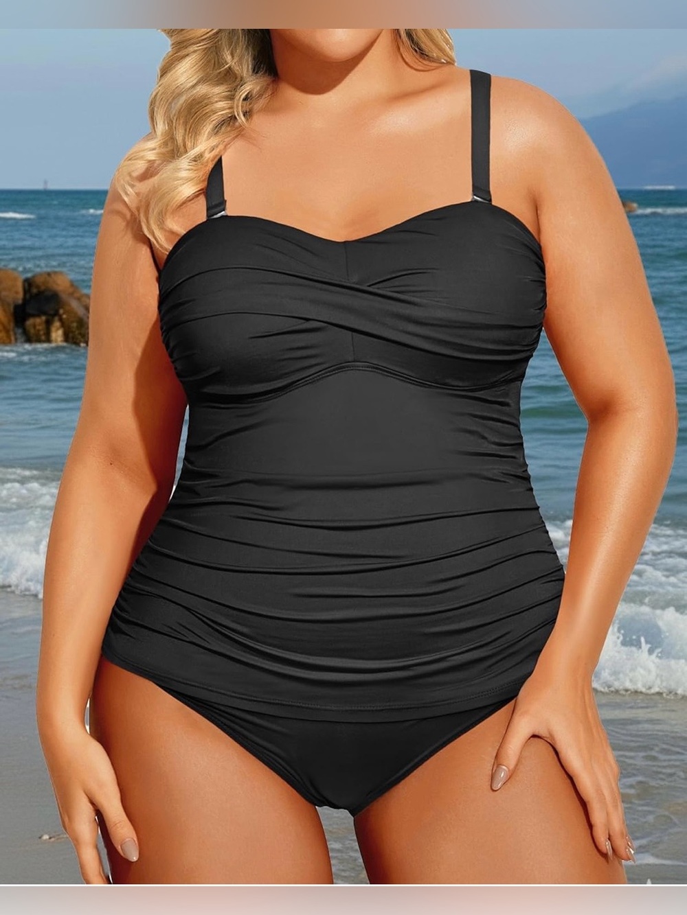 Plus Size Black Tankini Swim Set - Classic Ruched Design